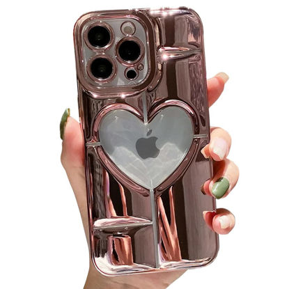 Picture of Casechics Compatible with iPhone Case,Luxury Electroplated Heart Shpae Hollow Camera Lens Protection Soft Shockproof Cover Phone Case (Pink,iPhone 14 Plus)