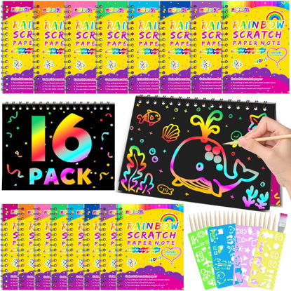 Picture of pigipigi Scratch Paper Party Favor: 16 Pack Rainbow Scratch Notebook Kids Art Craft Supplies Birthday Gift for Girls Boys Age 3 4 5 6 7 8 9 10 Years Old Toy Christmas Activity Fun Project Drawing Kit