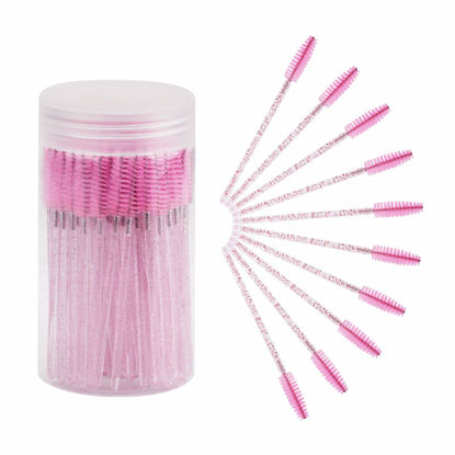 Picture of CHEFBEE 100PCS Disposable Eyelash Brush, Mascara Wands Makeup Brushes Applicators Kits for Eyelash Extensions and Eyebrow Brush with Container (Light Pink)