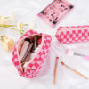 Picture of SOIDRAM Makeup Bag Checkered Cosmetic Bag Pink Makeup Pouch 1Pcs Large Capacity Makeup Bags and 1Pcs Makeup Brushes Storage Bag Travel Toiletry Bag Organizer