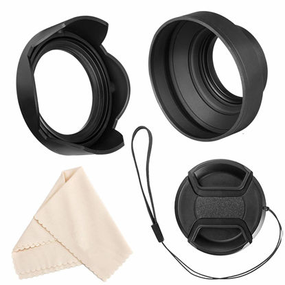 Picture of Veatree 67mm Lens Hood Set, Collapsible Rubber Lens Hood with Filter Thread + Reversible Tulip Flower Lens Hood + Center Pinch Lens Cap + Microfiber Lens Cleaning Cloth, Canon EW-73B Replacement
