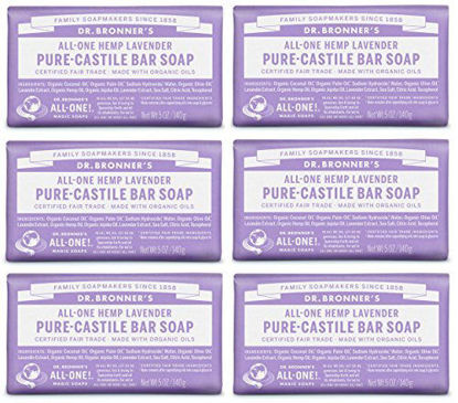 Picture of Dr. Bronner's - Pure-Castile Bar Soap (Lavender, 5 ounce, 6-Pack) - Made with Organic Oils, For Face, Body and Hair, Gentle and Moisturizing, Biodegradable, Vegan, Cruelty-free, Non-GMO