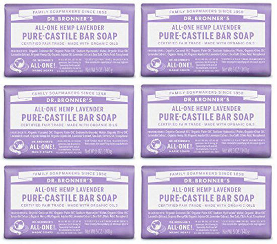 Picture of Dr. Bronner's - Pure-Castile Bar Soap (Lavender, 5 ounce, 6-Pack) - Made with Organic Oils, For Face, Body and Hair, Gentle and Moisturizing, Biodegradable, Vegan, Cruelty-free, Non-GMO