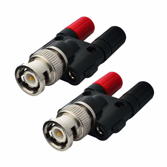 Picture of onelinkmore BNC Male Plug to 2X 4mm Dual Banana Female Jack Socket Binding Post RF Coax Coaxial Splitter Connector BNC Banana Adapter for HF Radio Antennas Oscilloscope DVM Pack of 2