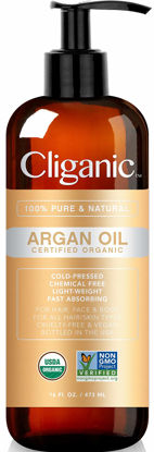 Picture of Cliganic Organic Argan Oil 16oz with Pump, 100% Pure | Bulk for Hair, Face & Skin