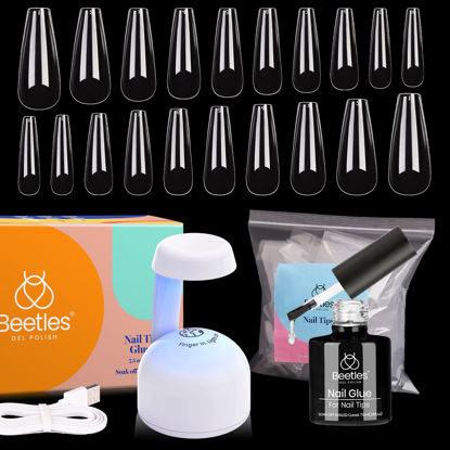 Picture of Beetles Gel Nail Kit Easy Nail Extension Set with 500Pcs Soft Gel Nail Tips Coffin Shape 2 In 1 Nail Glue Base Gel and Innovative Led Lamp Easy Diy Nails Art Home Gelly Tips Acrylic Nail Kit