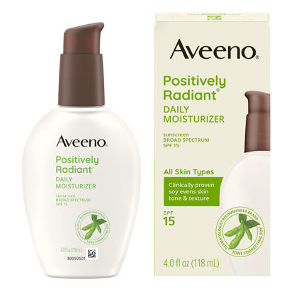 Picture of Aveeno Positively Radiant Daily Facial Moisturizer with Broad Spectrum SPF 15 Sunscreen & Soy, Improves the Look of Skin Tone & Texture, Hypoallergenic, Oil-Free, Non-Comedogenic, 4 fl. oz