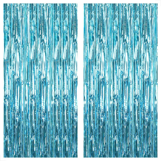 Picture of KatchOn, XtraLarge, Blue Foil Fringe Curtain - 6.4x8 Feet, Pack of 2 | Blue Backdrop Curtain for Under The Sea Party Decorations | Ocean Backdrop | Blue Tinsel Backdrop, Mermaid Birthday Decorations