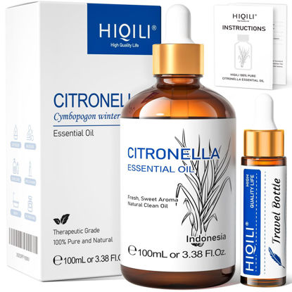 Picture of HIQILI Citronella Essential Oil,100% Pure Undiluted Premium Therapeutic Grade,for Diffuser,Candles Making Outdoor Mosquitoes Spray - 3.38 Fl Oz.