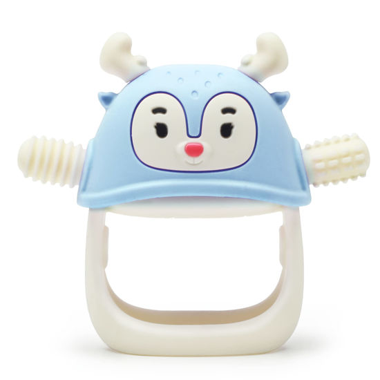 Picture of Smily Mia Reindeer Organic Baby Teething Toys 0-6Months, Baby Teething Mitten for 3-6Months, Easy to Hold Stem with Chewing Nubs for Teething Pain Relief for 6-12Months Babies, Sky Blue