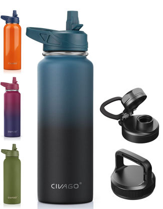 Picture of CIVAGO 40 oz Insulated Water Bottle With Straw, Stainless Steel Sports Water Cup Flask with 3 Lids (Straw, Spout and Handle Lid), Double Walled Travel Thermal Canteen Mug, Indigo Black