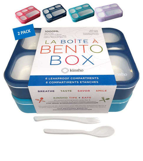 Picture of Bento-Box Lunch Boxes for Kids, Boys, Adults. Leakproof Lunch Set, Bentoboxes for School or Work. Portion Containers. BPA Free. 6 Compartments. Fork & Spoon. Blue & Navy Blue Large