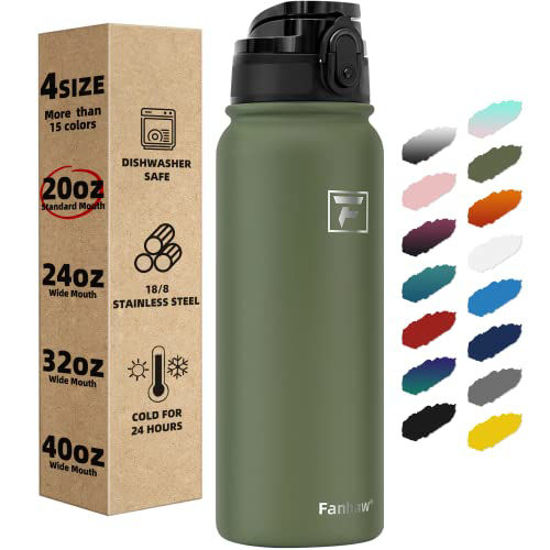 Picture of Fanhaw Insulated Water Bottle with Chug Lid - 20 Oz Double-Wall Vacuum Stainless Steel Reusable Leak & Sweat Proof Sports Water Bottle Dishwasher Safe with Anti-Dust Standard Mouth Lid (Olive Green)