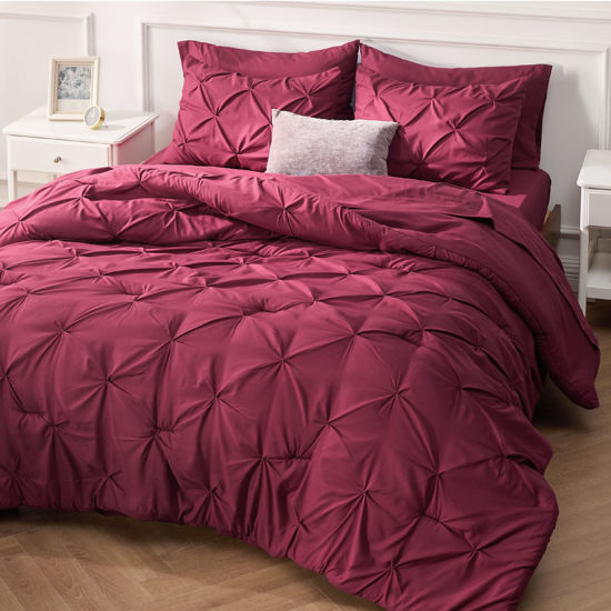 Picture of Bedsure King Size Comforter Set - Bedding Set King 7 Pieces, Pintuck Bed in a Bag Burgundy Bed Set with Comforter, Sheets, Pillowcases & Shams