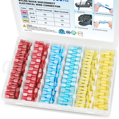 Picture of TICONN 800 Pcs Nylon Spade Quick Disconnect Connectors Kit, Electrical Insulated Terminals, Male and Female Spade Wire Crimp Terminal Assortment Kit