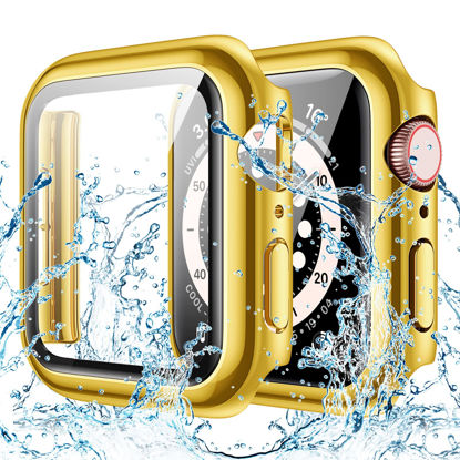 Picture of Goton Waterproof Case for Apple Watch 44mm SE (2nd Gen) Series 6 5 4 with Tempered Glass Screen Protector, iWatch Full Protective Hard PC Bumper Case Face Cover for Men Women 44 mm Gold