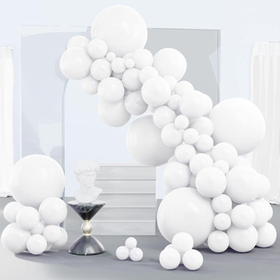 Picture of PartyWoo White Balloons, 140 pcs Matte White Balloons Different Sizes Pack of 18 Inch 12 Inch 10 Inch 5 Inch Balloons for Balloon Garland or Balloon Arch as Party Decorations, Birthday Decorations