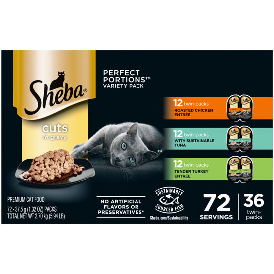 Picture of Sheba Perfect PORTIONS Cuts in Gravy Wet Cat Food Trays (36 Count, 72 Servings), Roasted Chicken, Signature Tuna and Tender Turkey Entrée, Easy Peel Twin-Pack Trays