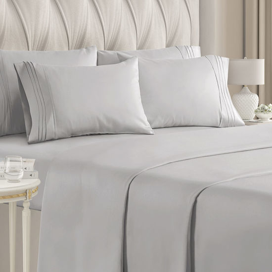 Picture of California King Size Sheet Set - 6 Piece Set - Hotel Luxury Bed Sheets - Extra Soft - Deep Pockets - Easy Fit - Breathable & Cooling - Wrinkle Free - Comfy - Light Grey Bed Sheets - Cali Kings Sheets