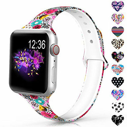 Picture of Sunnywoo Sport Band Compatible with Apple Watch 38mm 40mm 42mm 44mm, Narrow Soft Fadeless Floral Silicone Slim Thin Replacement Wristband for iWatch Series 4/3/2/1 Women Men