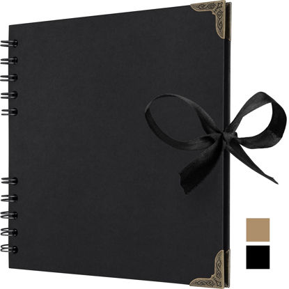 Picture of Bstorify Square Scrapbook Photo Albums 36 Pages (7 x 7 inch) Black Thick 250gsm Kraft Paper Scrap Book, Memory Book, Ribbon Closure - Ideal for Your Scrapbooking Albums, Art & Craft Projects