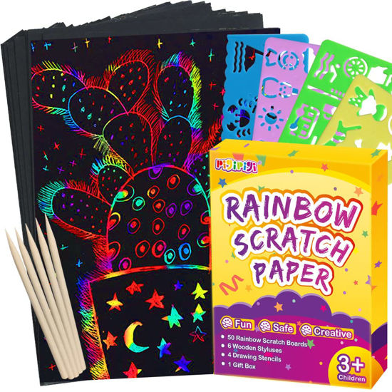 Picture of pigipigi Scratch Paper Art for Kids - 60 Pcs Magic Rainbow Scratch Paper Off Set Crafts Supplies Kits Pads Sheets Boards for Party Games Easter Christmas Birthday Gift