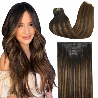 Picture of GOO GOO Seamless Clip In Hair Extensions Remy Real Human Hair Extension with Invisible PU Skin Weft 18 Inch 130g 7pcs Dark Brown to Chestnut Brown Natural & Thick & Straight Hair Extensions for Women