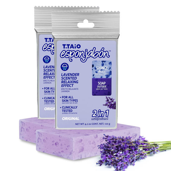 Picture of T.Taio Esponjabon Soap Sponge - Cleansing Shower Scrubber - Cleaning Bath Wash Scrub - Oil Removal - Massage & Lather Foot, Elbow, & Face - Bathroom Accessories - Fresh Lavender Scent (2-Pack)