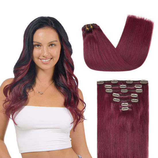 Picture of GOO GOO Clip in Human Hair Extensions Remy Burgundy Clip in Straight Real Hair Extensions Natural Hair 105g 14 inch