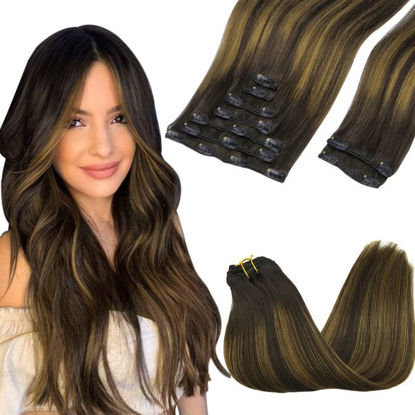 Picture of GOO GOO Clip-in Hair Extensions for Women, Soft & Natural, Handmade Real Human Hair Extensions, Dark Brown Mixed Chestnut Brown, Long, Straight (T2/6) P2, 9pcs 150g 22inch