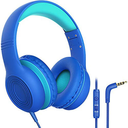 Picture of Kids Headphones with Microphone Over Ear/On Ear Wired Headphones for Kids with Volume Limit Switch 85dB/94dB and HD Sound Sharing Function for Children,Boys,Girls,Tablet,PC,School,Travel (Blue)