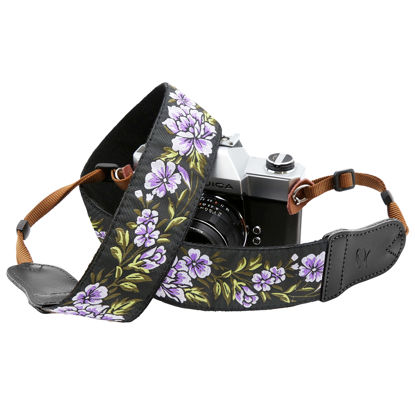 Picture of Purple Flower Camera Strap - 2"Wide with Double Layer Cowhide Head,Pure Cotton Embroidery Camera Shoulder Straps,Adjustable Camera Neck Strap for All DSLR / SLR Cameras, Best Gifts for Photographers