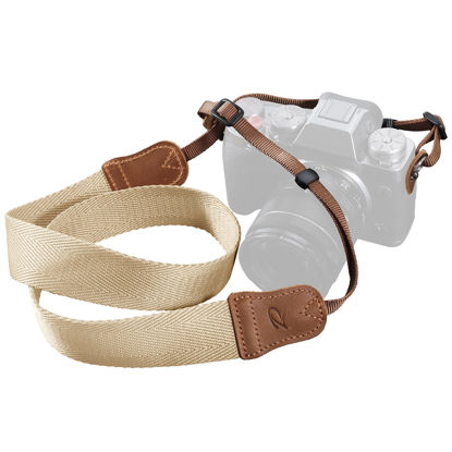 Picture of Off White Camera Strap - Double Layer top-grain Cowhide Ends,1.5"Wide Pure Cotton Woven Camera Strap,Adjustable Universal Neck & Shoulder Strap for All DSLR Cameras,Great Gift for Photographers