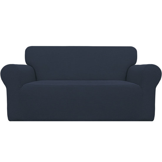 Picture of Easy-Going Stretch Oversized Loveseat Slipcover 1-Piece Sofa Cover Furniture Protector Couch Soft with Elastic Bottom for Kids Polyester Spandex Jacquard Fabric Small Checks Dark Blue