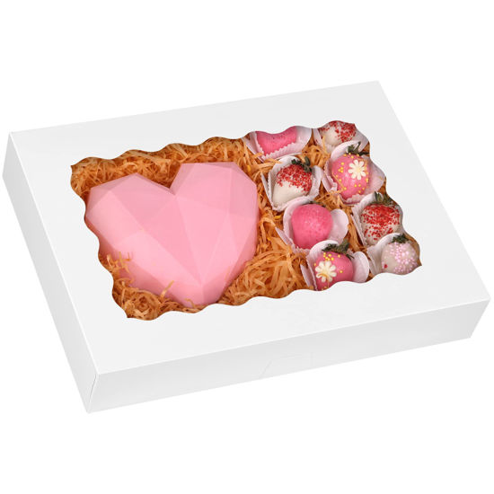 Picture of Moretoes 28pcs Bakery Boxes with Window 14" x 10" x 2.5" Cookie Boxes Auto-Popup White Treat Boxes for Breakable Hearts, Chocolate Covered Strawberries, Pies, Macarons, Pastries, Donuts and Muffins