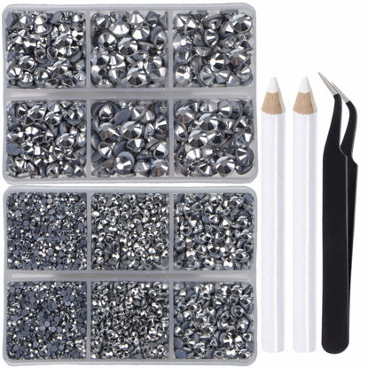 Picture of LPBeads 6400 Pieces Hotfix Rhinestones Metallic Silver Flat Back 5 Mixed Sizes Crystal Round Glass Gems with Tweezers and Picking Rhinestones Pen