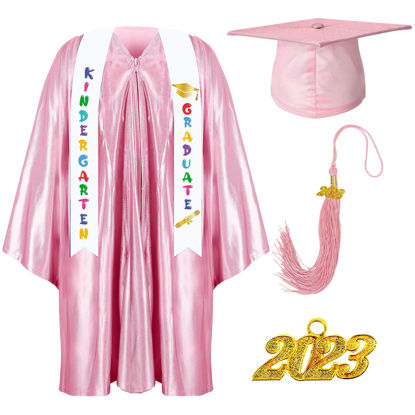 Picture of Foaincore 2023 Year Preschool and Kindergarten Graduation Gown Cap Tassel Set with 2023 Charm Printed Stole for Kid Grad Gift (Pink, 27)