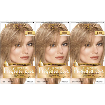 Picture of L'Oreal Paris Superior Preference Fade-Defying + Shine Permanent Hair Color, 8 Medium Blonde, Pack of 3, Hair Dye