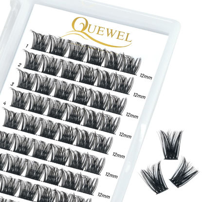 Picture of QUEWEL Cluster Lashes 72 Pcs Wide Stem Individual Lashes C/D Curl 8-16mm Length DIY Eyelash Extension False Eyelashes Soft for Personal Makeup Use at Home (honey01-D-12)