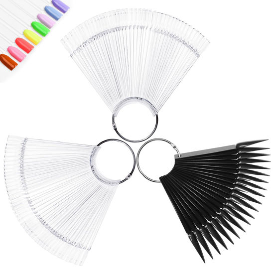 Picture of modelones 150 Pcs Nail Swatch Sticks with Ring, Fan-shape 130 Clear & 20 Black Nail Art Color Swatches Polish Display Tips, False Nail Practice Sample Sticks, Nail Supplies for Beginners