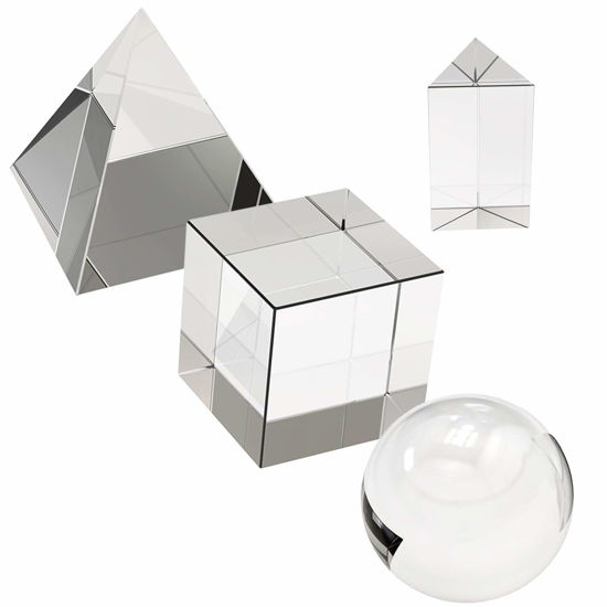 Picture of 4 Pack K9 Optical Crystal Photography Prism Set, Include 55mm Crystal Ball, 50mm Crystal Cube, 50mm Triangular Prism, 60mm Optical Pyramid with Gift Box& Wipe Cloth for Teaching, Playing, Photography