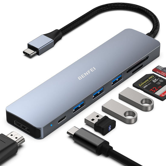 Picture of BENFEI USB C HUB 7in1, USB C HUB Multiport Adapter with USB-C to HDMI, USB-C to SD/TF Card Reader/3*USB 3.0/60W Power Delivery, Compatible with MacBook Pro 2022/2021/2020/2019, Surface Book and More