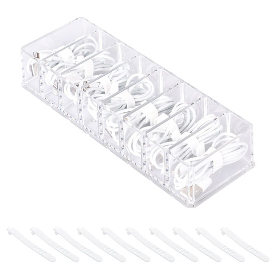 Picture of Yesesion Plastic Cable Management Box with 10 Wire Ties, Clear Power Cord Organizer with 8 Compartments, Electronics Organizer for Office, Home Use, Desk Accessories Storage for Stationery Supplies