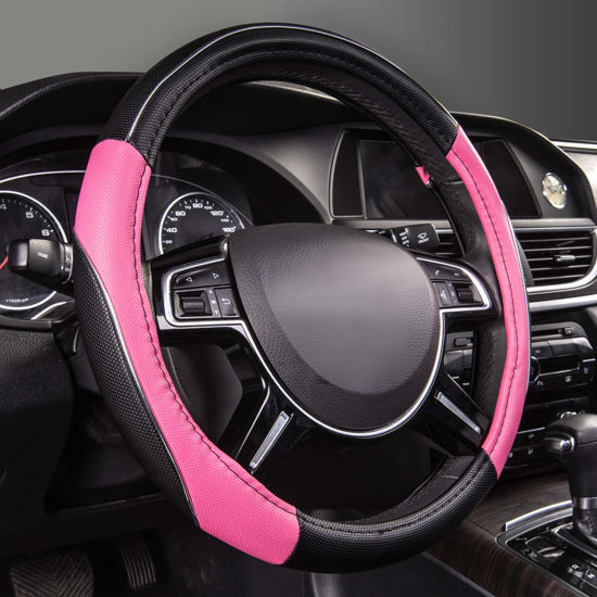 Picture of CAR PASS PVC Leather Rainbow Universal Fit Steering Wheel Cover - Pink