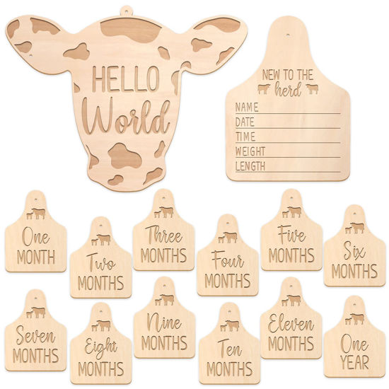 Picture of Huray Rayho Cow Baby Monthly Milestone Cards Rustic Wooden Herd Cattle Newborn Photography Props to Record Your Baby´s Growth, Gift Set of 14 Reversible Cards for Pregnancy and Baby Shower