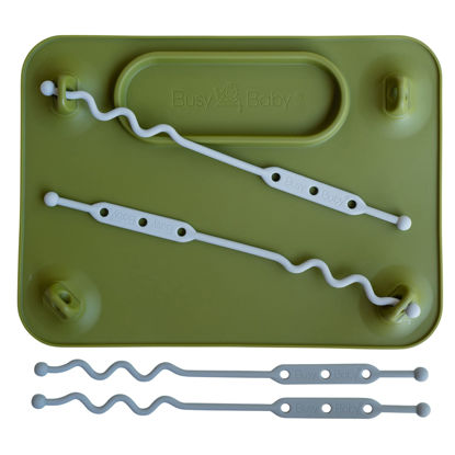 Picture of BUSY BABY Silicone Placemat - Built-in Suction Cups - 4 Toy Tethers for Babies Toddlers and Kids - Food Grade Silicone - 8.5 x 11 in - Comes with Travel Sleeve - Dishwasher Safe - Olive