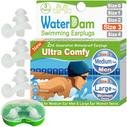 Picture of WaterDam Swimming Ear Plugs Great Waterproof Ultra Comfy Earplugs Prevent Swimmer's Ear (Size 3+3+3: Medium Ear Men & Large Ear Teens&Women (Clear Clear Clear))