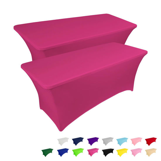 Picture of IVAPUPU 2 Pack 6FT Table Cloth for Rectangular Fitted Events Stretch Fuchsia Table Covers Washable Table Cover Spandex Tablecloth Table Protector for Party, Wedding, Cocktail, Banquet, Festival