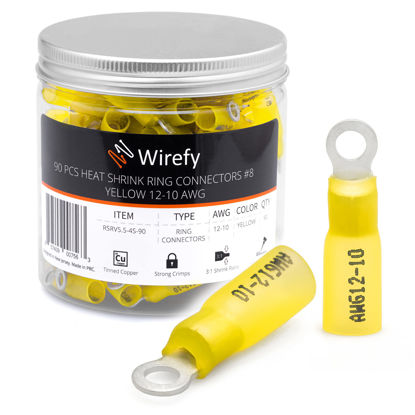 Picture of Wirefy 90 PCS Heat Shrink Ring Terminals #8 - Marine Grade Ring Connectors - Eyelet Wire Connectors - Yellow 10-12 AWG