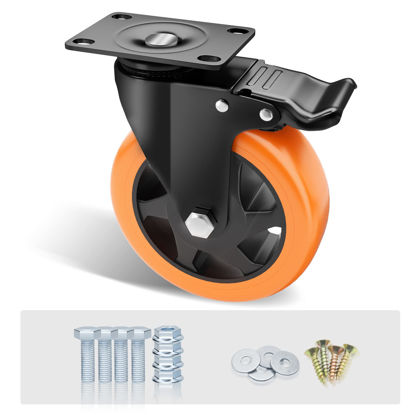 Picture of ASHGOOB 5" Caster Wheels Set of 4, Heavy Duty Casters with Brake, No Noise Locking Casters with Orange Polyurethane (PU) Wheels, Swivel Plate Castors Pack of 4